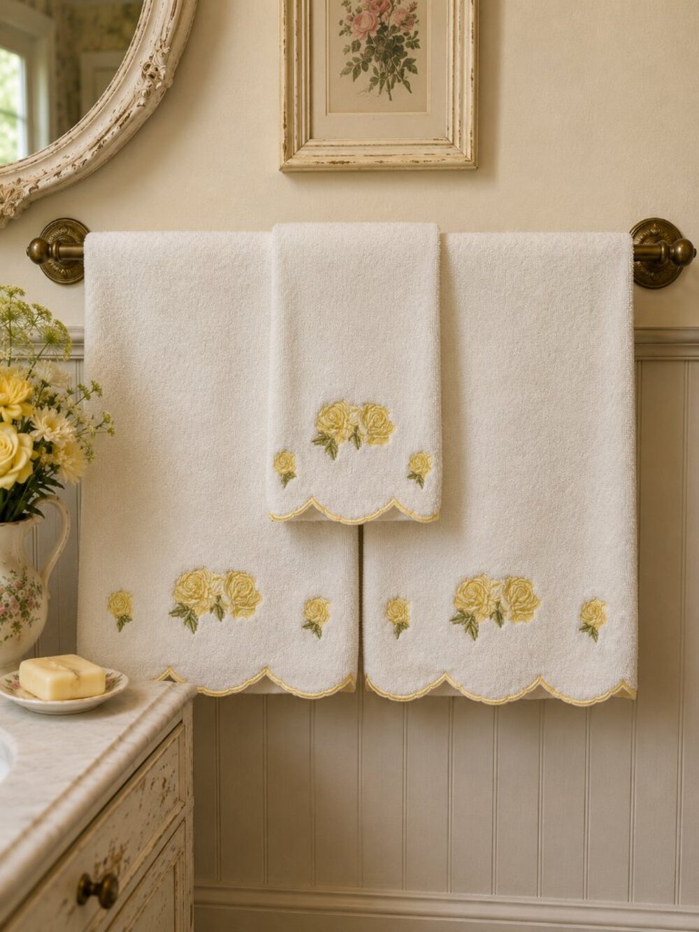 Wellesley Manor Yellow Rose Embroidered Towels Set 2 Bath 1 Hand Cottagecore